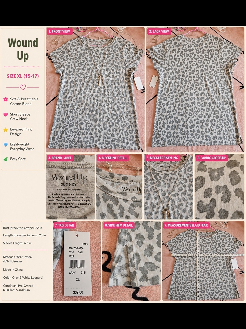 Wound Up Gray & White Leopard Short Sleeve Crewneck Tee